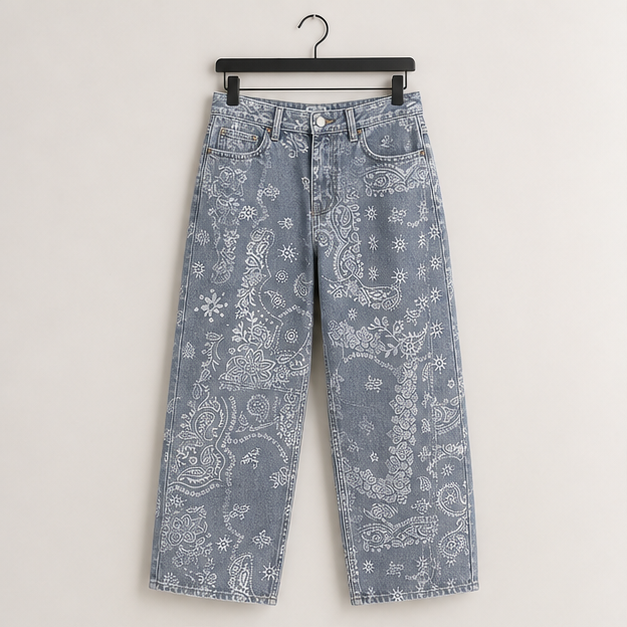 Women Boyfriend Baggy Barrel Jeans Floral Print Denim Ankle Pants Wide Leg Mid Rise Jeans Sweatpants Y2k Patchwork - front view