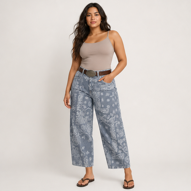 Women Boyfriend Baggy Barrel Jeans Floral Print Denim Ankle Pants Wide Leg Mid Rise Jeans Sweatpants Y2k Patchwork - model view